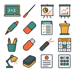 Chalkboard & Teaching Tools modern flat style . Chalkboard, Pointer stick, Chart paper, Flip chart, Marker, Eraser, Lesson plan, Lecture podium, Pen holder, USB stick