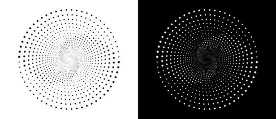 Modern abstract background. Halftone dots in circle form. Round logo. Vector dotted frame. Design element or icon, logo. Black shape on a white background and the same white shape on the black side.