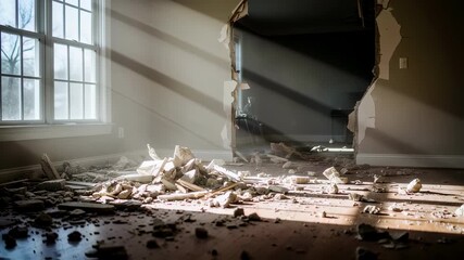 Sunbeams are streaming through a window and a demolished wall opening, illuminating dust and debris scattered across the floor during a home renovation or remodel project