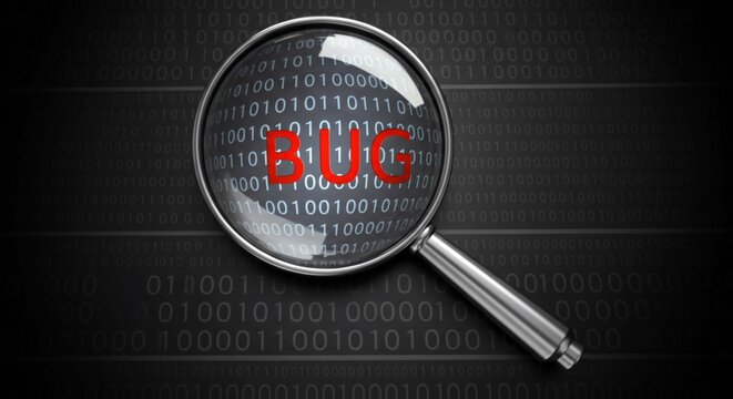Software Bug Detection Concept with Magnifying Glass and Binary Code Background.