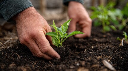 Close-up of hands planting pepper seedling