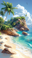 Sunny oceanfront with palm shadows on golden sand Wallpaper