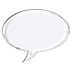 Realistic crystal glass effect speech bubble with transparent frosted texture, reflective edges, and soft shadow for modern UI, social media, or futuristic chat design elements