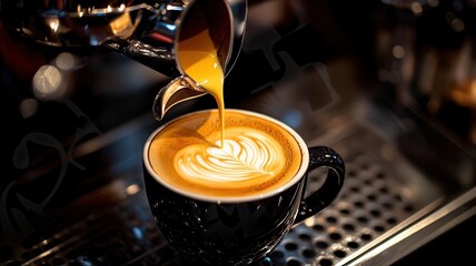 Close up of barista pouring frothed milk into coffee cup, atmosphere creating latte art in cozy cafe beautiful