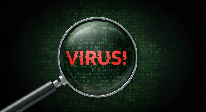 Virus Detection with Magnifying Glass on Digital Binary Background.