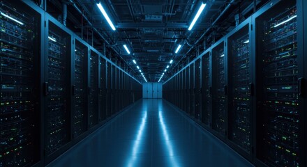 Expansive data center hallway illuminated by blue neon lights showcasing rows of server racks