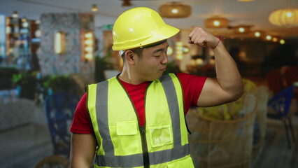 Construction worker in a hotel flexing arm confidently, showcasing strength wearing a safety vest and helmet against a vibrant indoor backdrop.