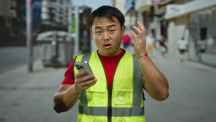 Man wearing safety vest texting on smartphone in urban street setting with blurred background...
