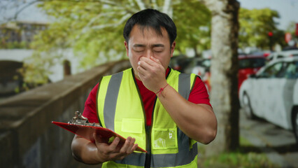Asian man in a reflective vest holds a clipboard on a busy city street, sneezing with eyes closed,...