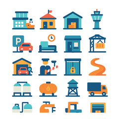Port Facilities modern flat style. terminal building, customs office, warehouse, control tower, parking lot, waiting lounge, ticket booth, cargo yard, inspection area