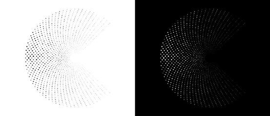 Modern abstract background. Halftone dots in circle form. Round logo. Vector dotted frame. Design element or icon, logo. Black shape on a white background and the same white shape on the black side.