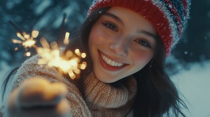Happy young woman wearing winter clothes holding a burning forest, in a snowy sparkler enjoying winter holidays