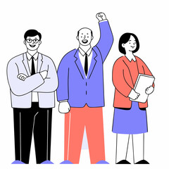 Fototapeta premium Illustration of diverse business team members in professional attire showing teamwork and leadership success