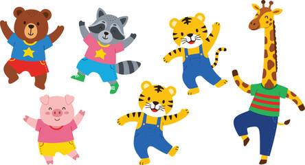 Cartoon animals dancing together, cute bear raccoon tiger pig giraffe, colorful outfits, joyful expressions, children illustration, fun, happy, playful