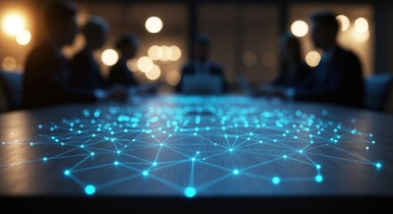 Abstract digital network visualization on a wooden table with blurred figures in a meeting room creating a futuristic atmosphere
