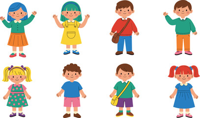 Cartoon children illustration, diverse outfits, playful poses, happy kids group, colorful vector, educational design, multicultural classroom characters, standing