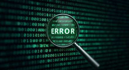 Magnifying Glass Detecting Digital Error on Binary Code Background.