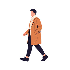 Naklejka premium A man in a tan coat and scarf walks with his hand in his pocket.