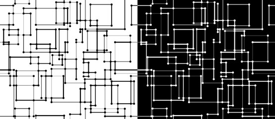 Seamless abstract background with lines and dots at their intersection. Black shapes on a white background and the same white shapes on the black side.