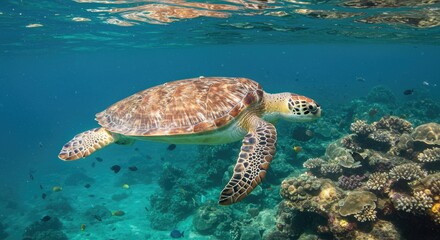 Fototapeta premium Graceful Sea Turtle Gliding Over Vibrant Coral Reef, Turquoise Water