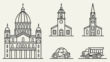 Obraz premium Architectural and vehicle line art icons architecture buildings
