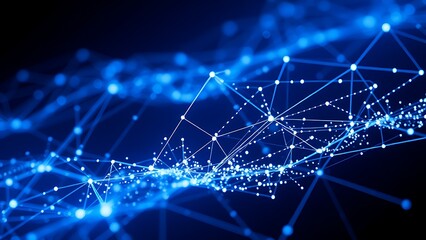 Fototapeta premium Futuristic network of glowing blue particles forming abstract data visualization on dark background.