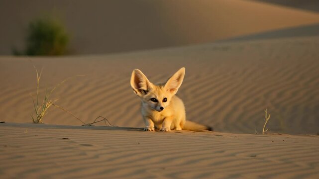 Adorable Fennec Fox Portrait on Sandy Dunes with Golden Sunlight in Natural Habitat and Beige Tones in North African Desert Wildlife Setting