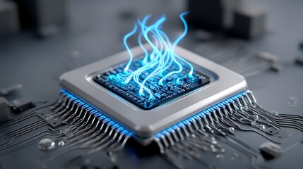 A high-tech processor chip with glowing blue energy lines pulsing through it, symbolizing the advancement of semiconductor technology and AI-driven processors.