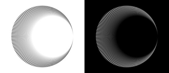 Lines in circle like art sun background. Tattoo template or icon, logo with lines. Black shape on a white background and the same white shape on the black side.