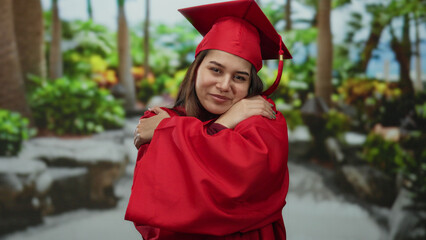 Woman celebrating graduation in park wearing red cap and gown smiling happily under trees with...