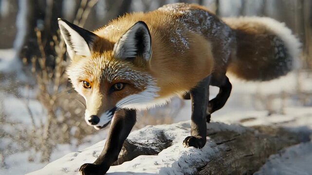 Red Fox Leaping on Snow Covered Log in Winter Forest