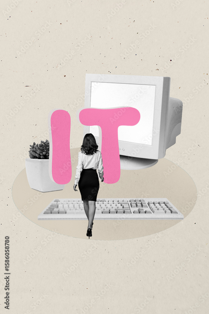 Aufkleber trend artwork 3d photo collage of young businesswoman walk keypad obsolete computer monitor programm