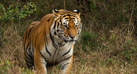 Fototapeta premium Majestic Bengal Tiger Strolling Through Tall Grass, Intense Gaze