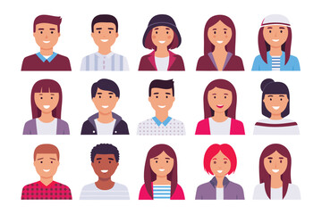 Diverse Faces Illustration: A vibrant collection of stylized headshots featuring diverse individuals, showcasing unique hairstyles and expressions, perfect for representing the modern human landscape.