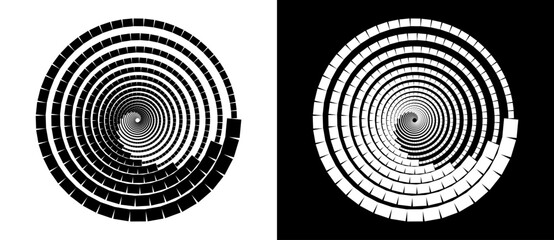 Abstract background with squares in circle. Art design spiral as logo or icon. A black figure on a white background and an equally white figure on the black side.