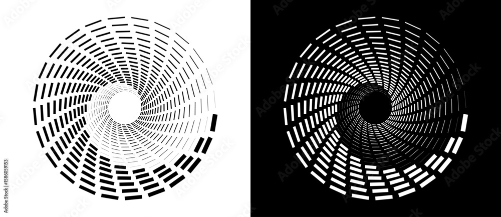 Poster abstract vector circle frame with rectangles as logo or emblem. spiral design element or icon. black