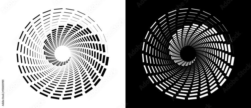 Poster abstract vector circle frame with rectangles as logo or emblem. spiral design element or icon. black