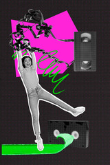 Sketch image 3d pop art banner collage of happy girl dance weekend retro 90s occasion tape mess...