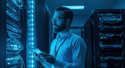 Technician wearing glasses and a blue shirt examines a tablet while standing amidst glowing server racks in a data center