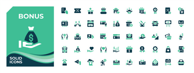 Set of Bonus colorful solid icon. Contains such icons as benefit, credit, award, present, win, incentive and more. Collection of simple solid web icons. Discount related icon set.