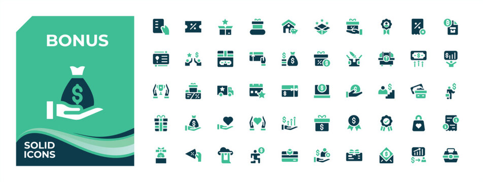Set of Bonus colorful solid icon. Contains such icons as benefit, credit, award, present, win, incentive and more. Collection of simple solid web icons. Discount related icon set.