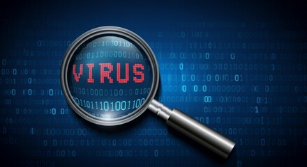 Virus Detection with Magnifying Glass on Digital Binary Background.
