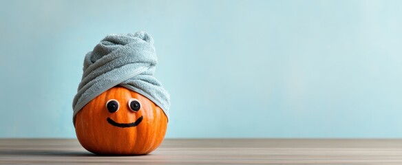 The cheerful pumpkin wearing a towel exuding a playful and humorous vibe.