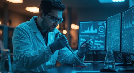 Scientist in a laboratory conducting research with pipette and test tube analyzing data on multiple computer screens
