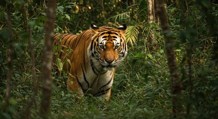 Obraz premium Majestic Tiger Emerging from Lush Green Jungle, Eye Contact, Wildlife Portrait.