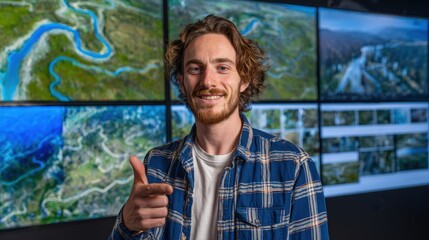 A smiling man gives a thumbs-up in front of multiple large screens displaying detailed aerial maps with rivers and landscape features.