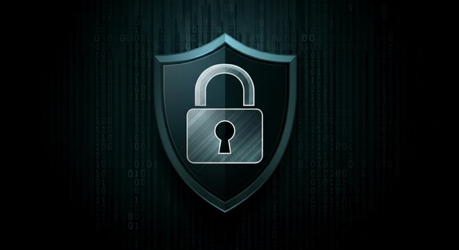 Cybersecurity Shield with Padlock Symbol on Binary Code Background.