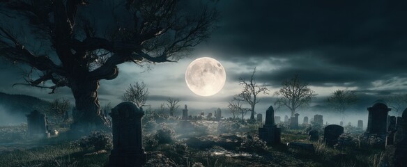 The haunting graveyard illuminated by a full moon under stormy skies.