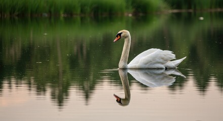 Obraz premium Serene Swan Reflection: Elegant White Bird on Calm Lake Water