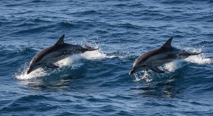 Fototapeta premium Two Dolphins Leap Through Ocean Waves, Playful Marine Life, Splashing Water.